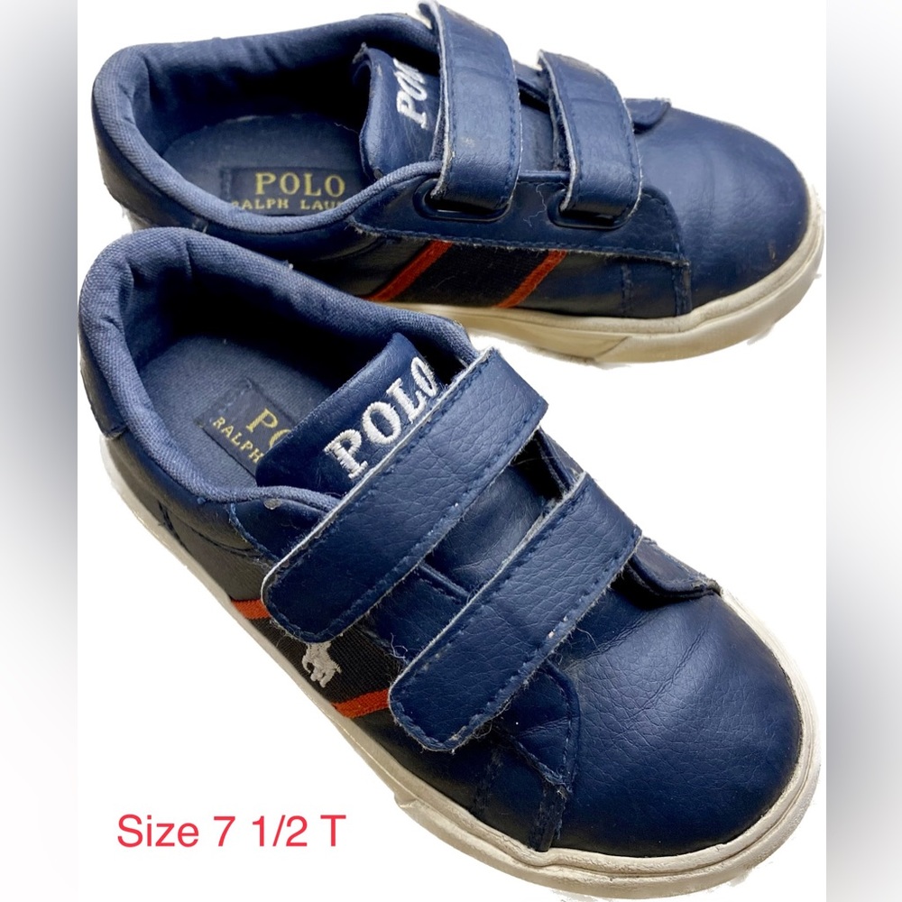 Boys 7.5T Ralph Lauren Navy Leather Sneaker Red Stripe